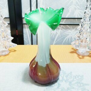 Vintage MCM Jack In The Pulpit Murano Style Green & Cranberry Bud Vase- Like new